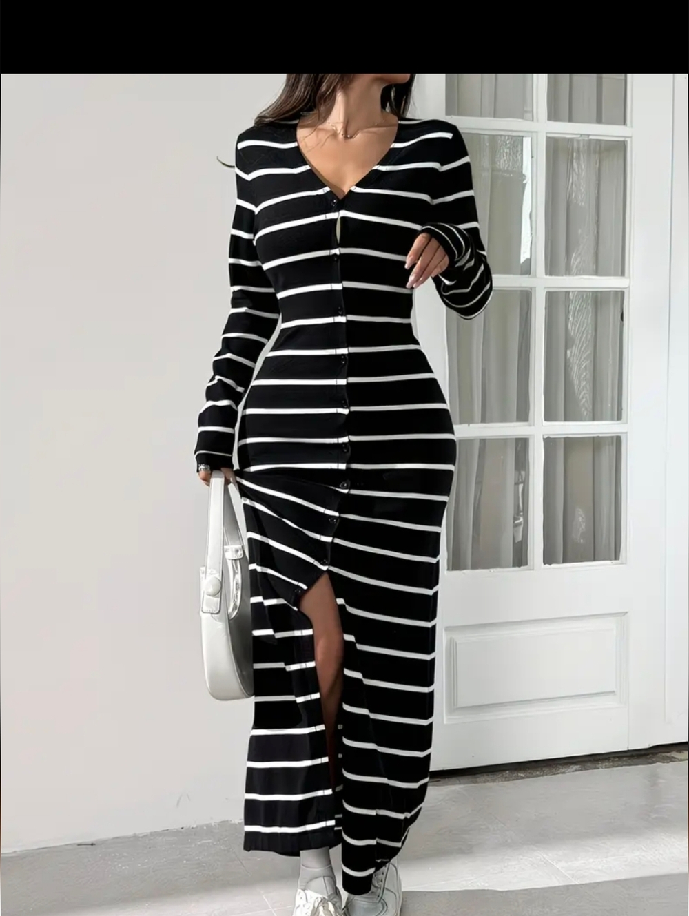 Black & White Striped Button-Front Long Sleeve Maxi Dress - Classic Fit